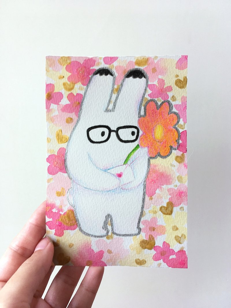 Bunny lover hand-painted original painting illustration card postcard - การ์ด/โปสการ์ด - กระดาษ สึชมพู