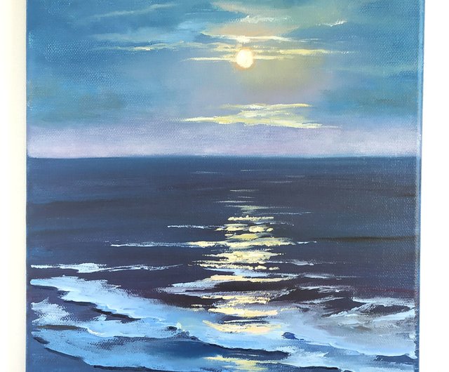 夜の海の油絵 キャンバス 月明かりの海景アート 夜の海の油絵