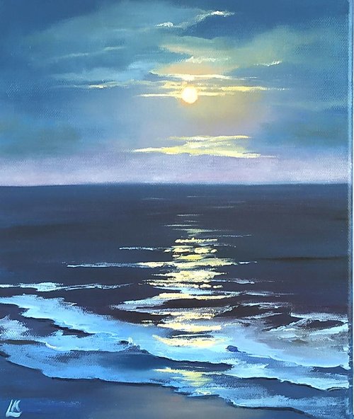 夜の海の油絵 キャンバス 月明かりの海景アート 夜の海の油絵 - ショップ Oil Painting Gift Store ウォールデコ・壁紙 -  Pinkoi