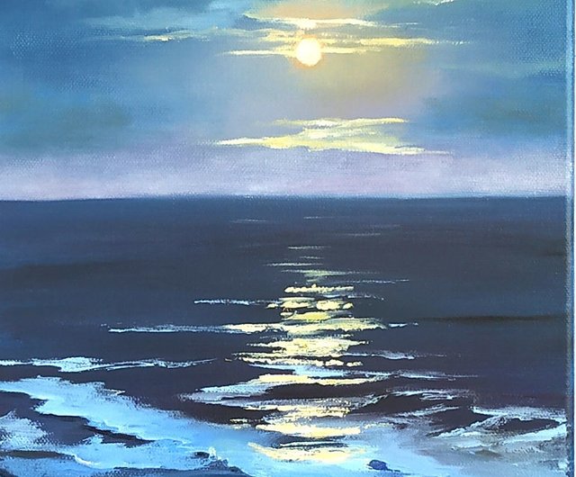 夜の海の油絵 キャンバス 月明かりの海景アート 夜の海の油絵 - ショップ Oil Painting Gift Store ウォールデコ・壁紙 -  Pinkoi