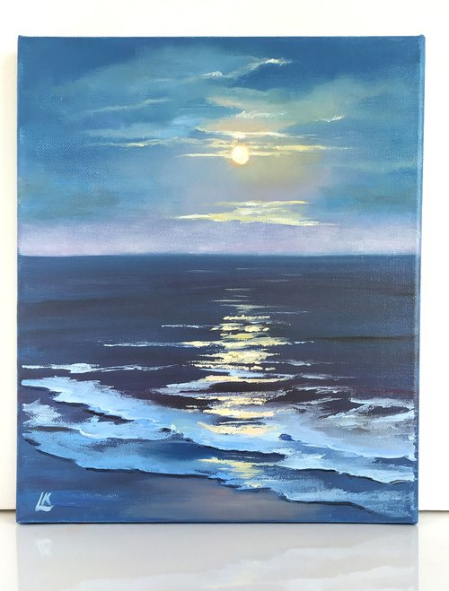 夜の海の油絵 キャンバス 月明かりの海景アート 夜の海の油絵