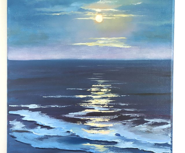 夜の海の油絵 キャンバス 月明かりの海景アート 夜の海の油絵 - ショップ Oil Painting Gift Store ウォールデコ・壁紙 -  Pinkoi