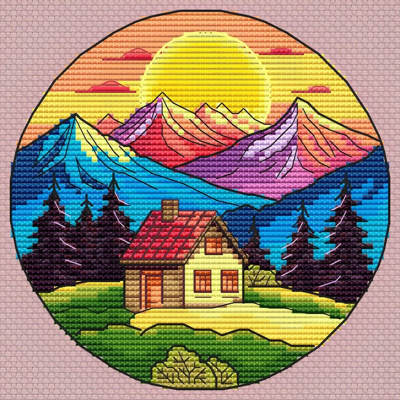 Colorful morning cross-stitch Pattern  House in the mountains Embroidery Pattern - 手工藝教學/工具書 - 其他材質 