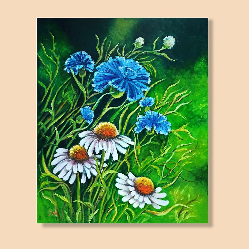 Flowers Oil Painting on Canvas Wildflowers Floral Art Ready To Hang 50x60 cm - 壁貼/牆壁裝飾 - 其他材質 綠色