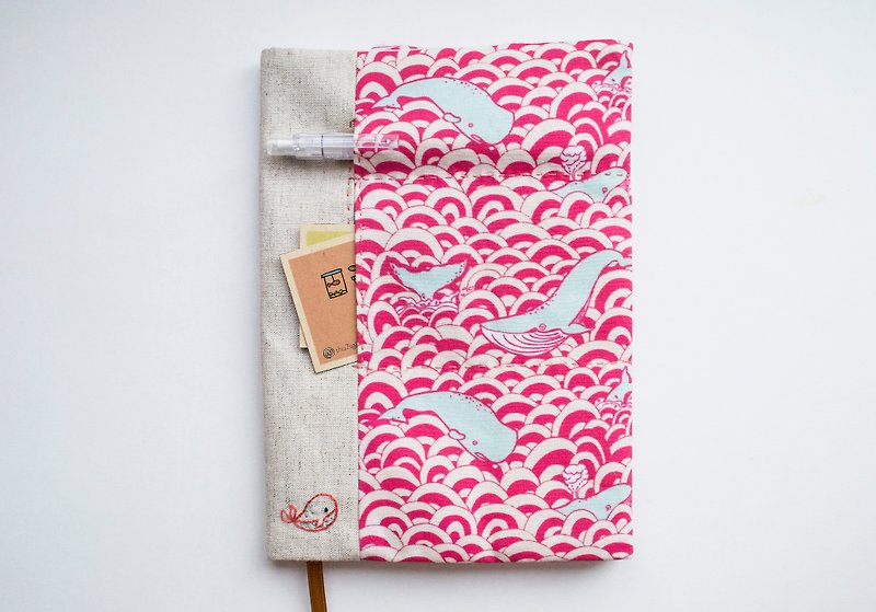 Pink Whale of a time - adjustable A5 fabric bookcover - 書衣/書套 - 棉．麻 紅色