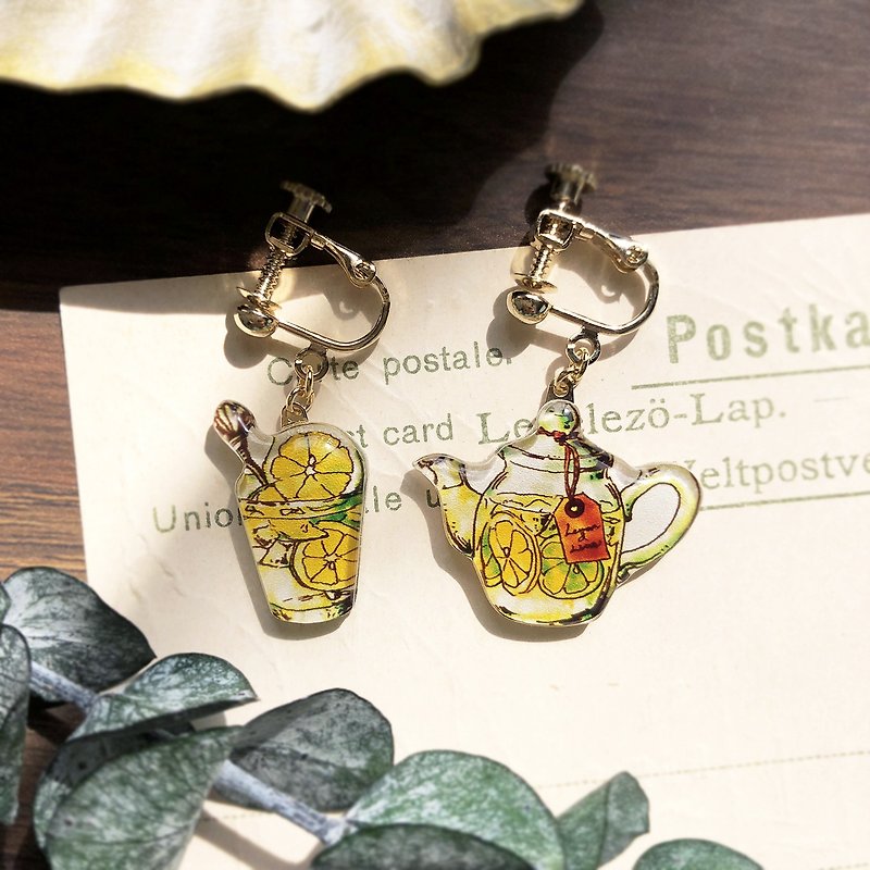 LemonLimeTea earring Lemon lime teapot and glass - Earrings & Clip-ons - Plastic Yellow