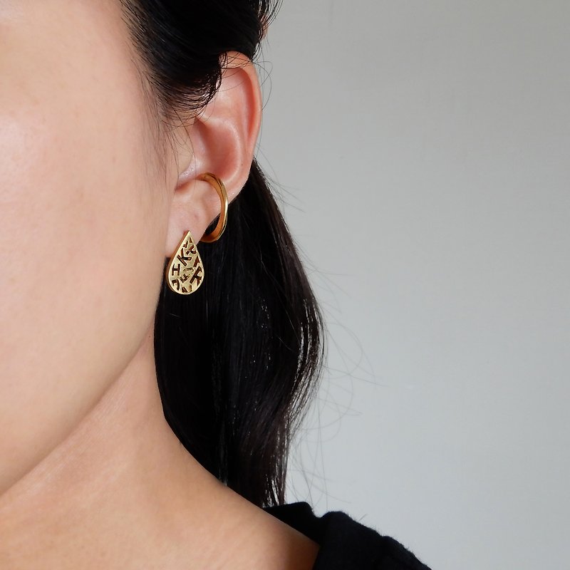 Teardrop watermark earrings / brass - Earrings & Clip-ons - Copper & Brass Gold