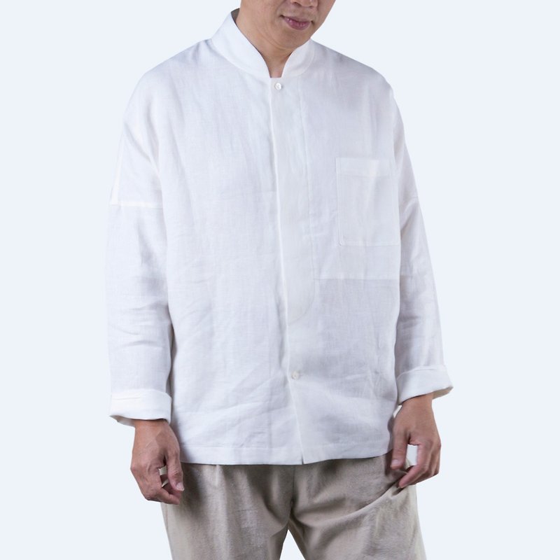 Stand collar shirt with pocket / linen, color: white - เสื้อเชิ้ตผู้ชาย - ผ้าฝ้าย/ผ้าลินิน ขาว