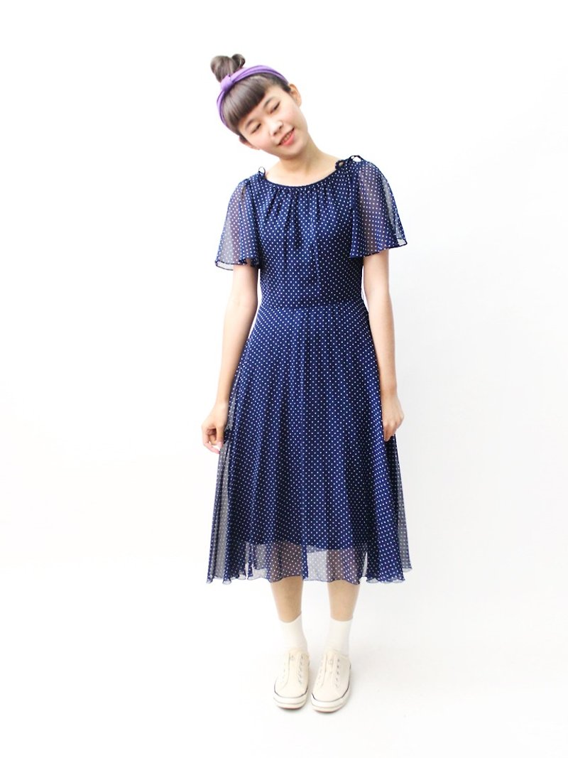 [] RE0322D1067 elegant dark blue bottom cute little white short-sleeved dress spring and summer vintage - One Piece Dresses - Polyester Blue