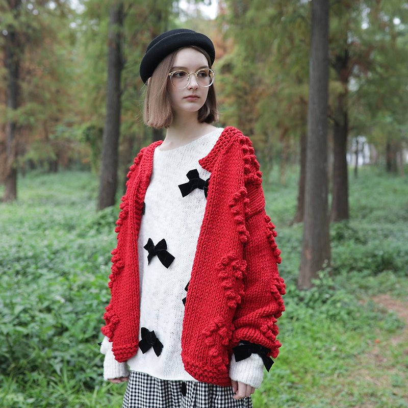 Cardigan sweater cardigan / red and white - imakokoni - Women's Sweaters - Other Materials Red