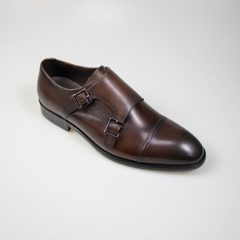 Double-buckle men's shoes/dark coffee/358D last - Men's Leather Shoes - Genuine Leather Brown