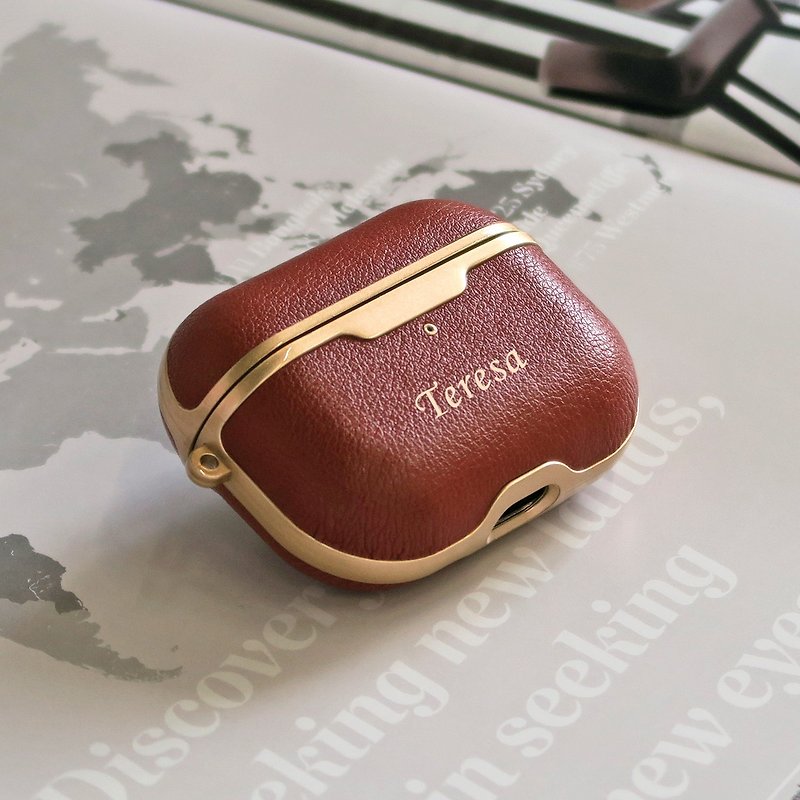 客製化禮物Airpods Pro 咖啡棕色皮革電鍍高級保護
