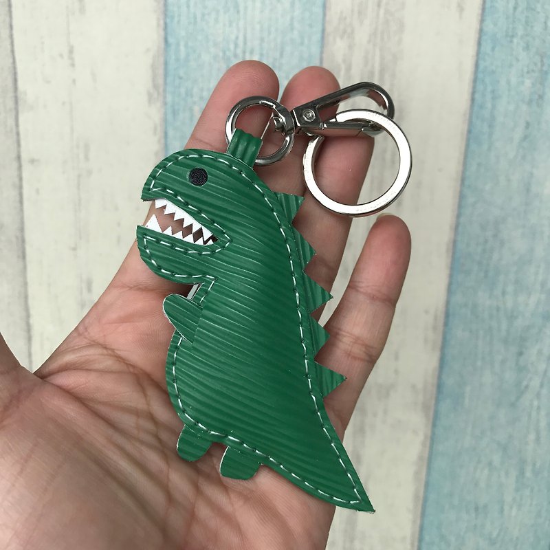 Green cute dinosaur handmade sewn leather key ring small size small size - Keychains - Genuine Leather Green