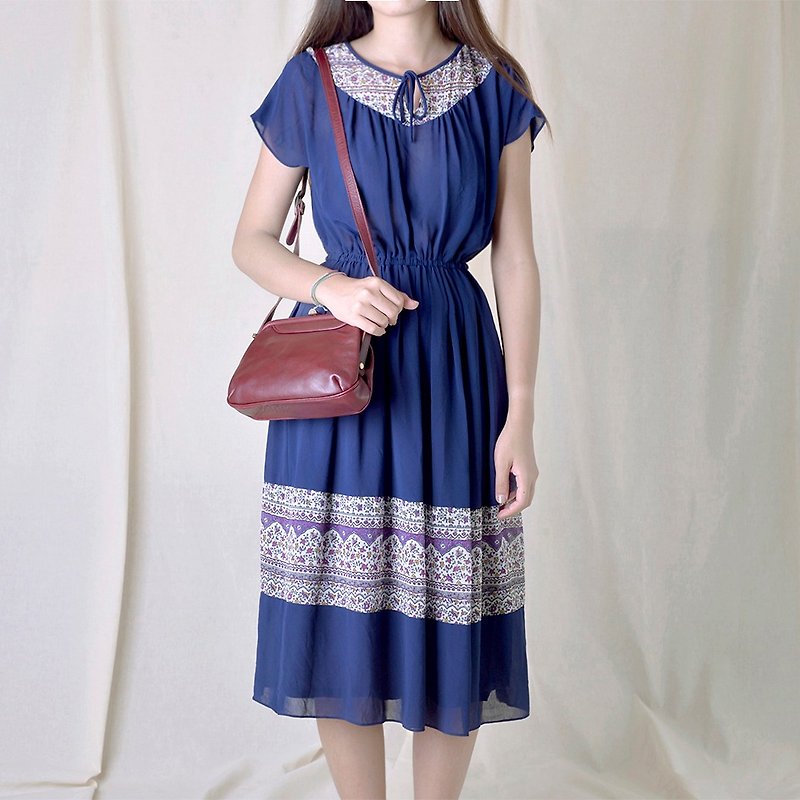 Vintage 日本古著洋裝 - 洋裝/連身裙 - 聚酯纖維 藍色