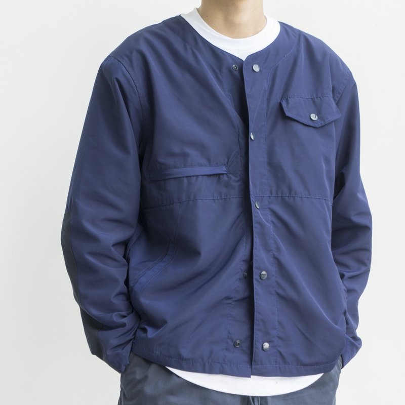 OUTER 日系搭配 復古古著無領設計工裝多袋外套 OUTDOOR - 男裝外套/大衣 - 聚酯纖維 藍色