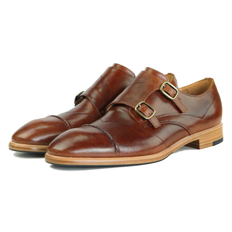 Monk leather shoes with Double Strap M1195  Caramel Brown - รองเท้าหนังผู้ชาย - หนังแท้ สีนำ้ตาล