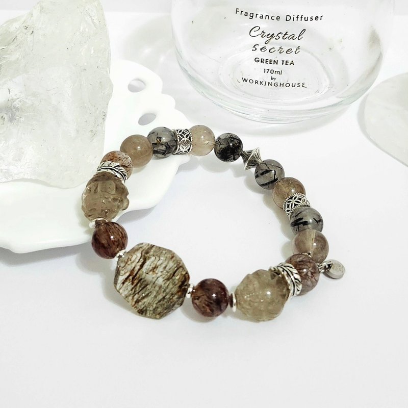 茶晶帶金髮晶雙龍龜設計手鍊/高度聚財、避邪擋煞防小人之水晶 - 手鍊/手環 - 水晶 咖啡色