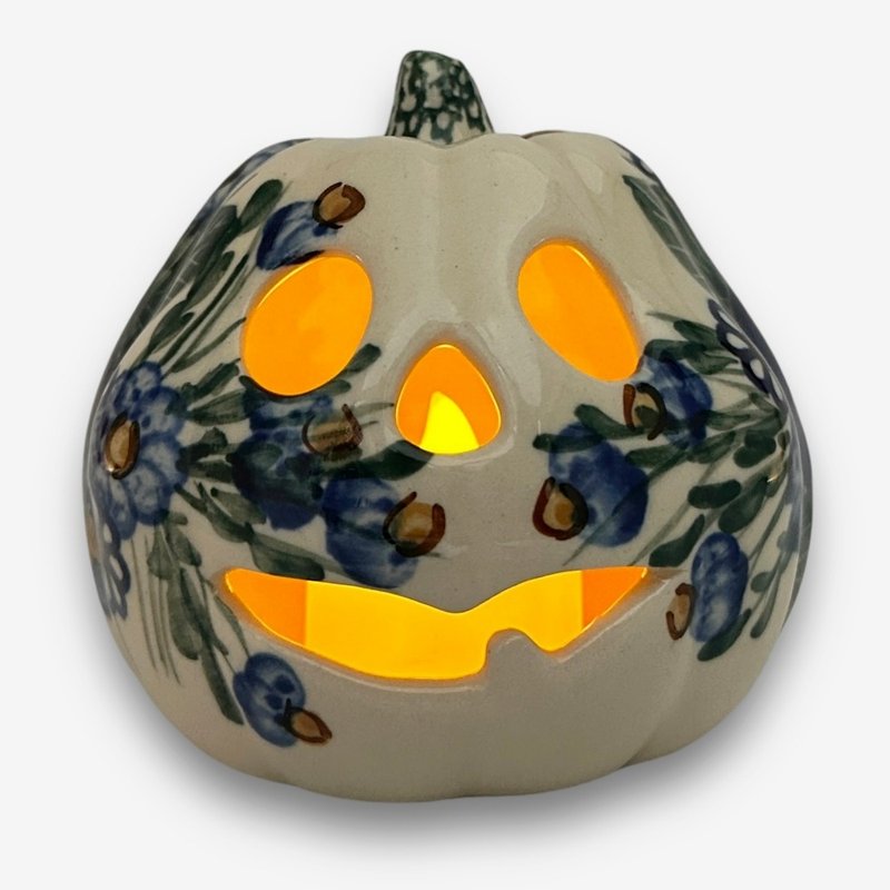 Polish hand-painted handmade pottery-pumpkin shaped candlestick lantern 9cm essential for Halloween - เทียน/เชิงเทียน - ดินเผา ขาว