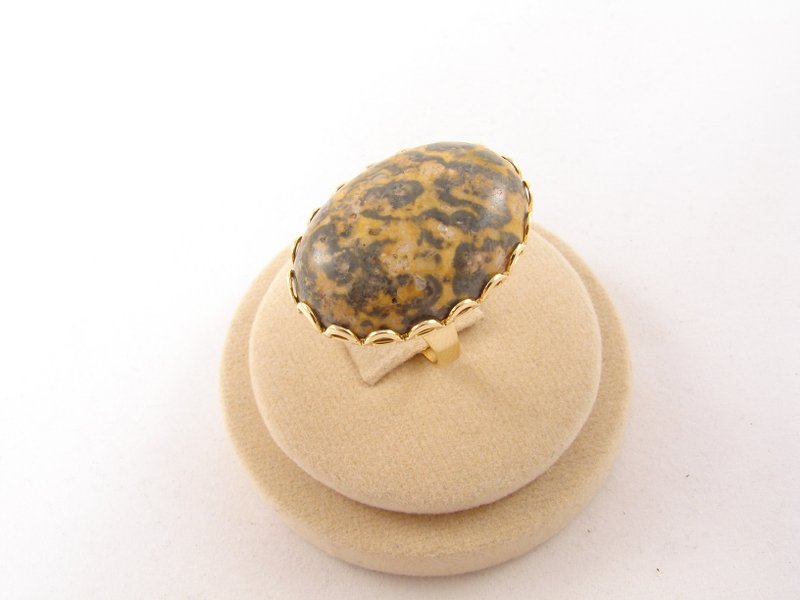 Leopard Jasper Adjustable Ring Beige Yellow Gray Brown Stone Oval Ring Jewelry - 戒指 - 半寶石 咖啡色