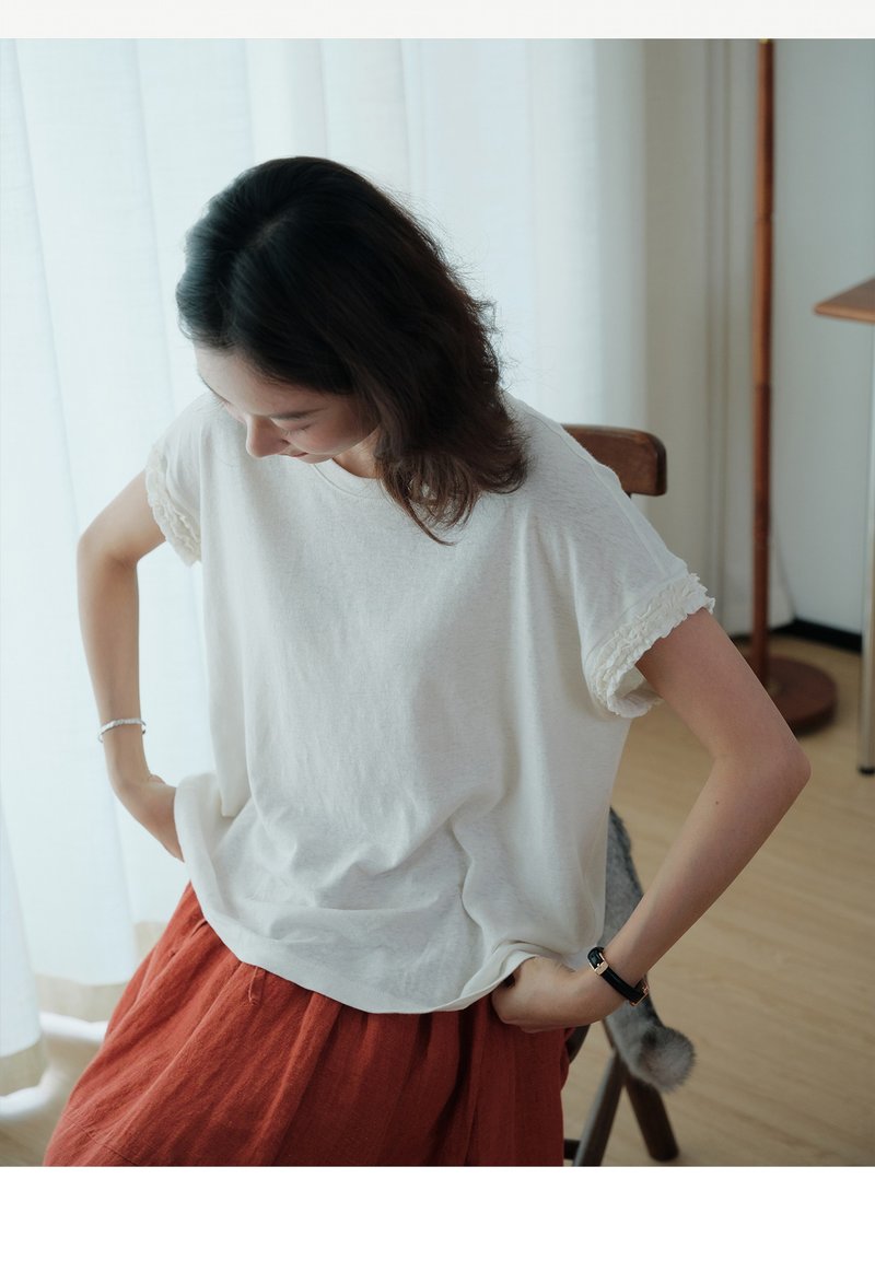 兩色亞麻棉短袖T恤上衣 - 女襯衫 - 棉．麻 多色