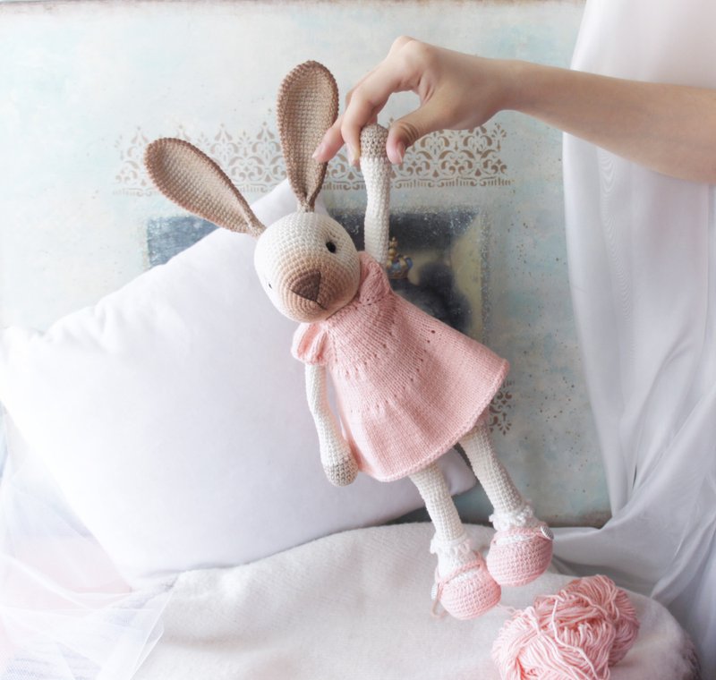 Rabbit doll in dress, Bunny stuffed animal toy for kids, Woodland Nursery - ตุ๊กตา - ผ้าฝ้าย/ผ้าลินิน สึชมพู