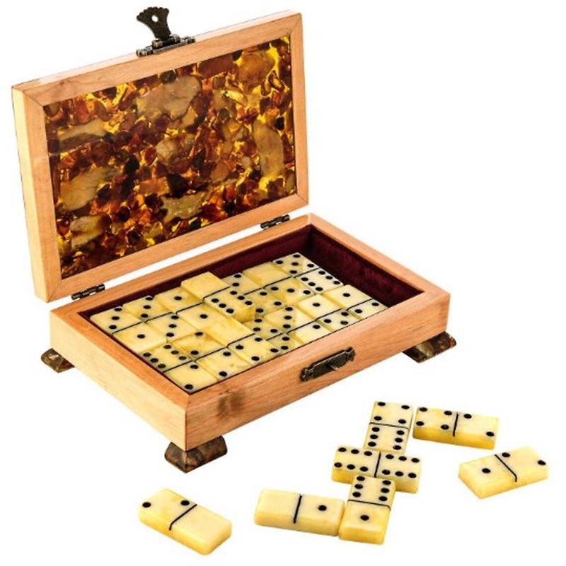 Luxury Domino Set made of natural amber with chips in a carved wooden casket - บอร์ดเกม - ไม้ สีนำ้ตาล