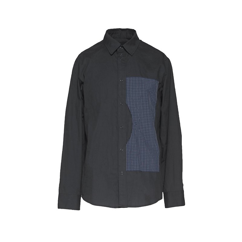 oqLiq - Display in the lost - Reflective Plaid Large Pocket Shirt (Black) - Men's Shirts - Cotton & Hemp Black