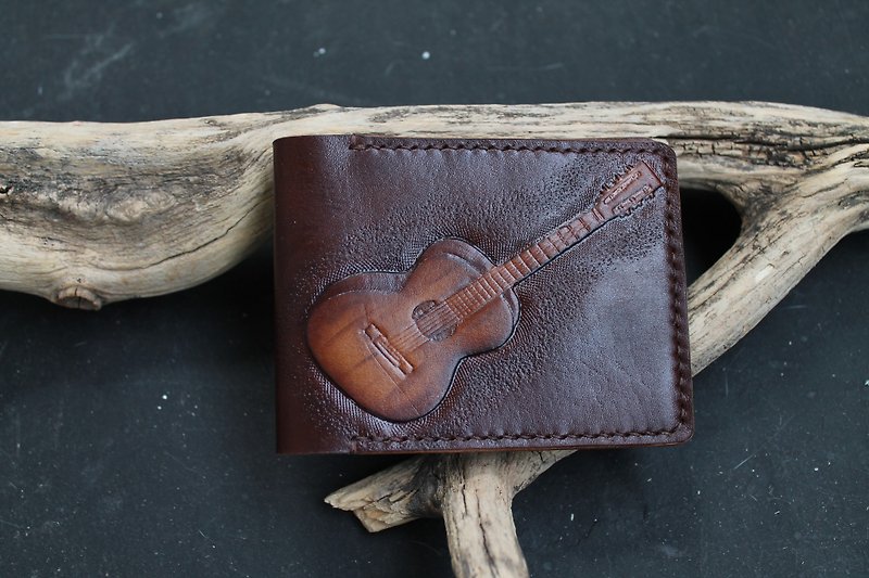 Genuine Leather Card Holders & Cases Brown - Guitar carving leather card holder with mediator compartment