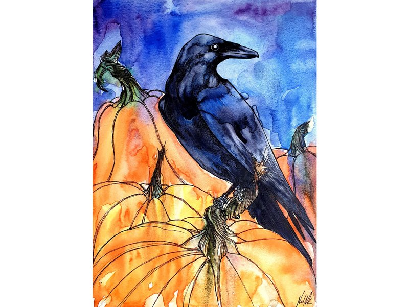 烏鴉繪畫雀原創藝術品萬聖節南瓜水彩藝術 - 海報/掛畫/掛布 - 紙 橘色