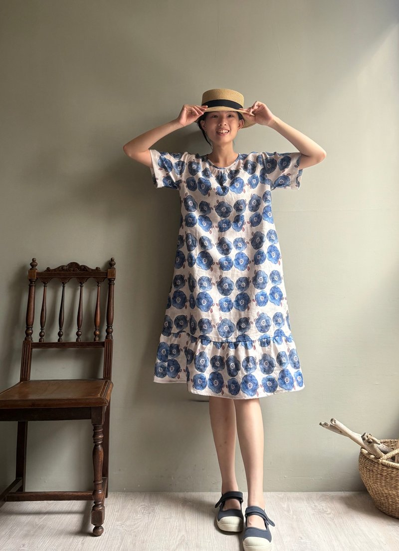 生如夏花／デザイナーオリジナルプリント リネンフリルヘム半袖ロングワンピース 100%リネン - ワンピース - コットン・麻 