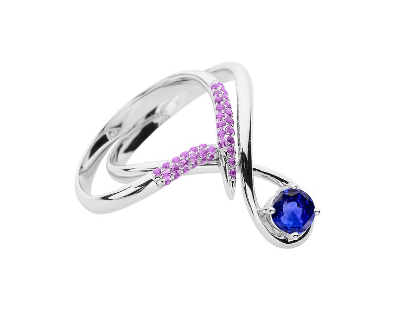 藍寶石14k白金紫晶結婚戒指組合 水滴形求婚戒指 流星訂婚套裝 - 對戒 - 貴金屬 藍色