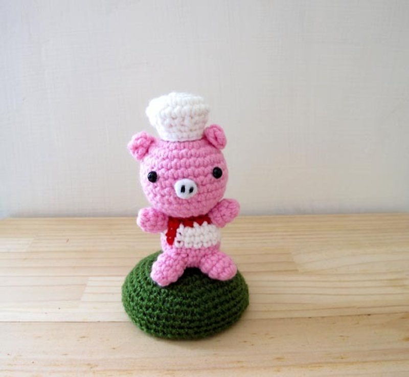 Brown wool Pig chef - style / birthday gift - Keychains - Other Materials White