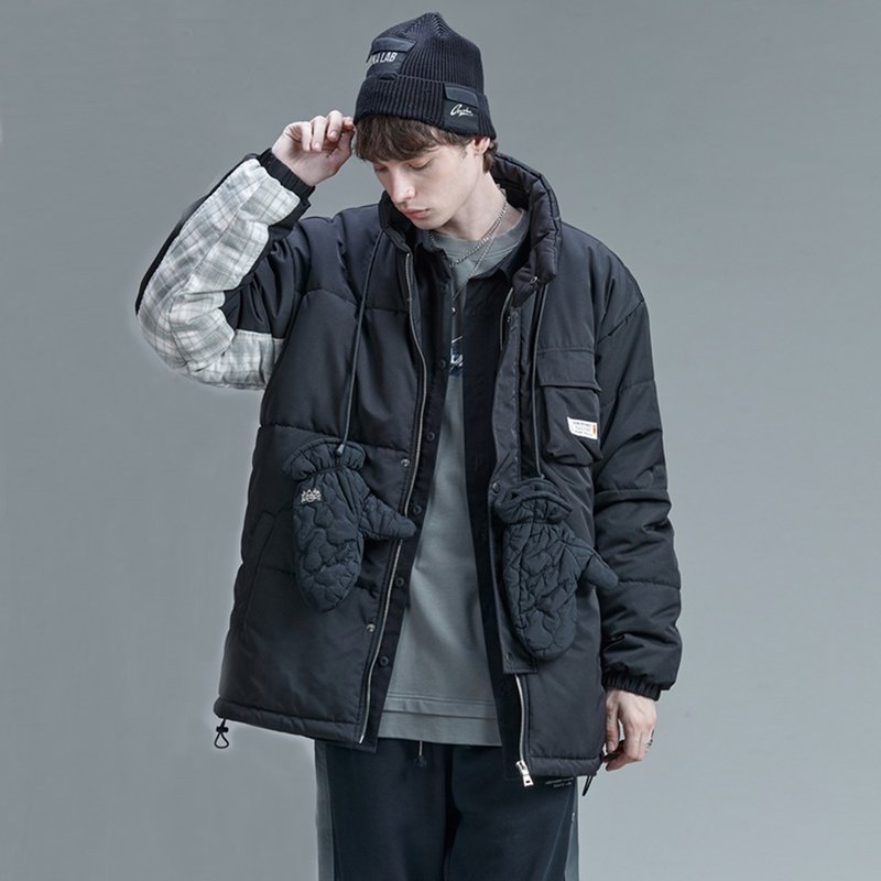 Men's black and white patchwork padded coat, winter reflective overalls coat - เสื้อโค้ทผู้ชาย - เส้นใยสังเคราะห์ สีดำ