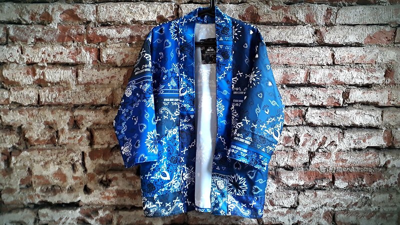 AMIN'S SHINY WORLD original hand-made amoeba totem stitching gradient blouse coat - Men's Coats & Jackets - Cotton & Hemp Blue