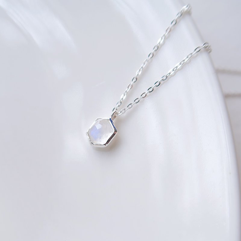 925 sterling silver moonlight hexagonal moonstone necklace long chain short chain free gift packaging - Necklaces - Sterling Silver White