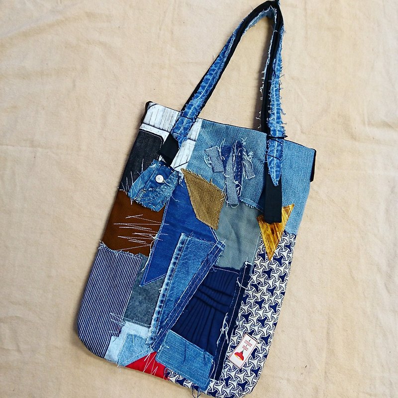Ancient wind retro wind upcycled plaid shoulder bag / tote bag / boro wind / tote bag / shoulder bag - กระเป๋าแมสเซนเจอร์ - ผ้าฝ้าย/ผ้าลินิน สีน้ำเงิน