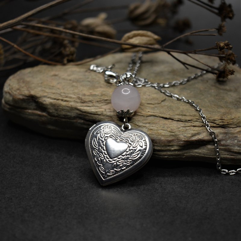 Heart locket necklace  Rose quartz medallion  Stainless steel gemstone locket - Necklaces - Gemstone Pink