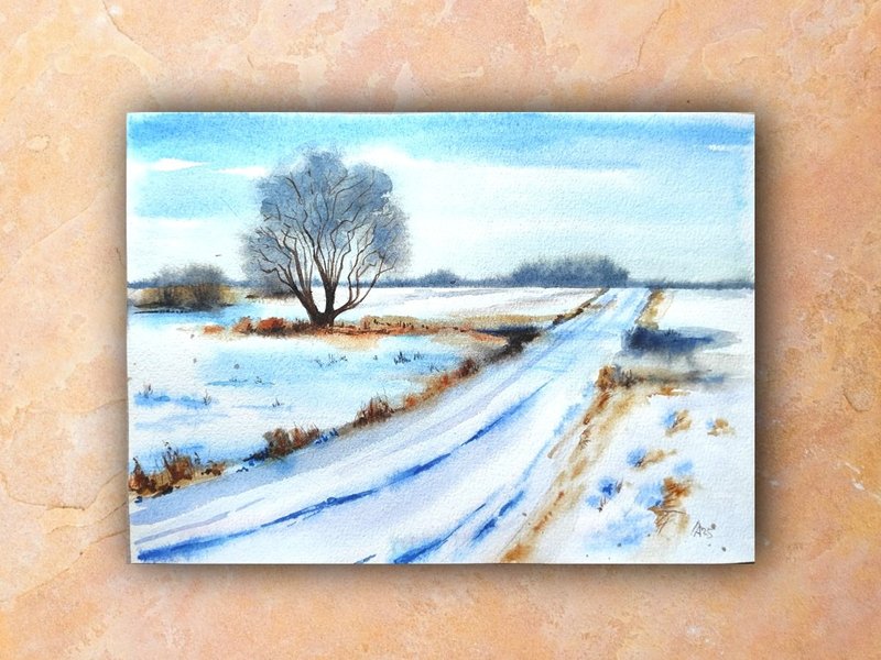 Winter landscape painting original watercolor artwork 19.5 by 27 cm - โปสเตอร์ - กระดาษ ขาว