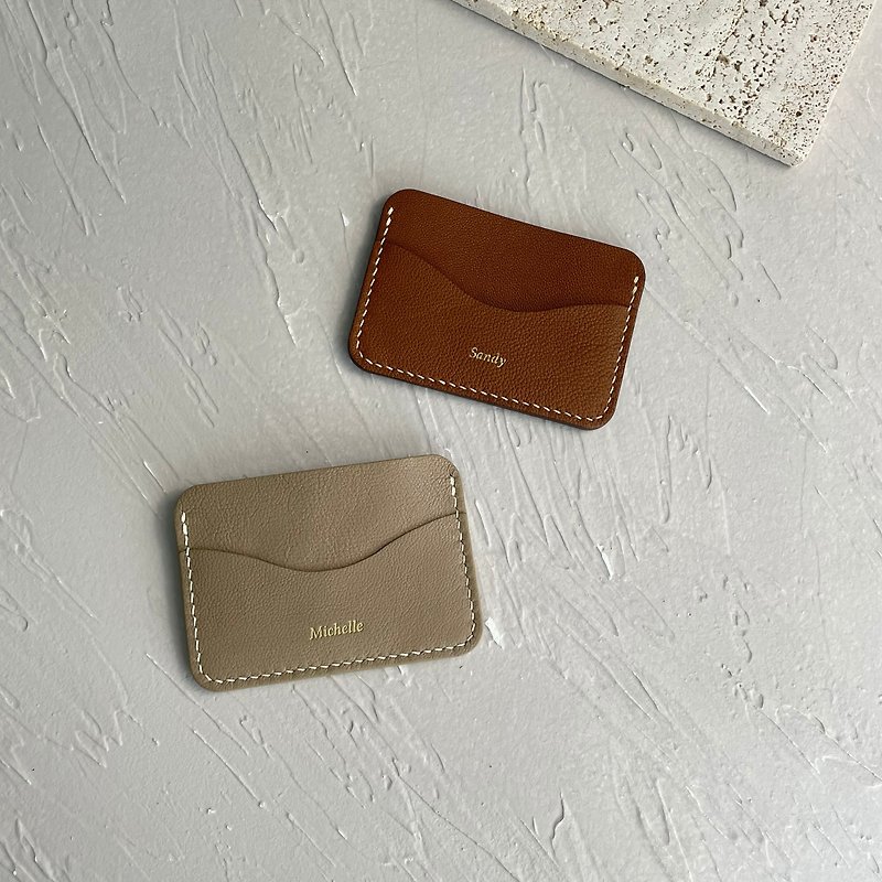 Italian goatskin color-blocked card holder pocket wallet with custom hot stamping name - Wallets - Genuine Leather Brown