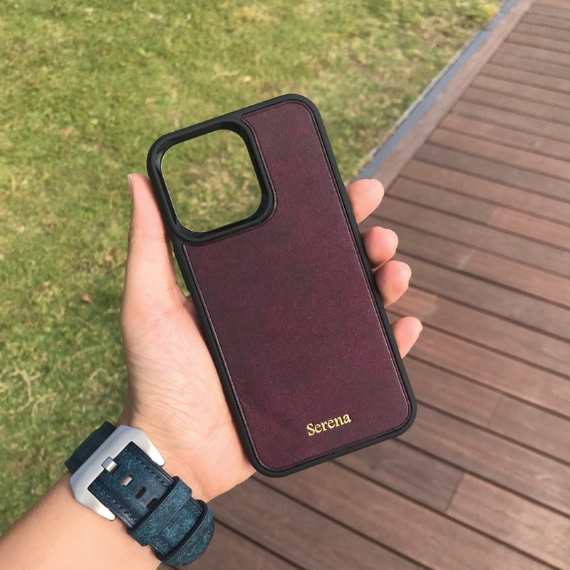 【iPhone手機殼】紫色磨砂牛皮/防摔/多款型號/客製化印字 - 手機殼/手機套 - 真皮 紫色