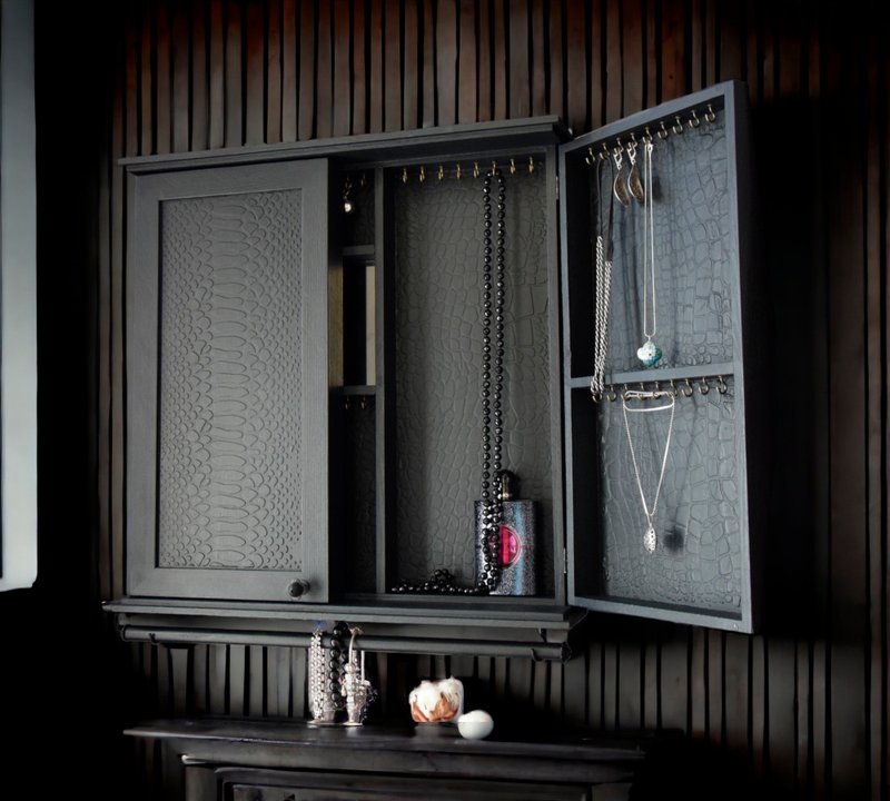 Wall Cabinet with Mirror Storage Jewelry armoire Bathroom Earrings holder - 居家收納/收納盒/儲物盒 - 木頭 黑色