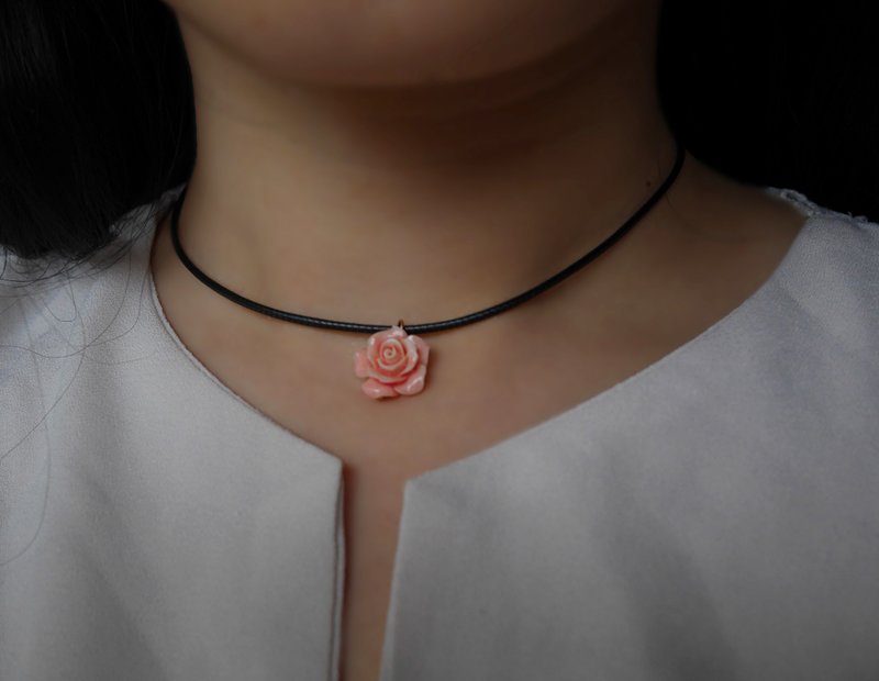 Imitation Leather Cord Necklace | Pink Rose Necklace - Necklaces - Copper & Brass Multicolor