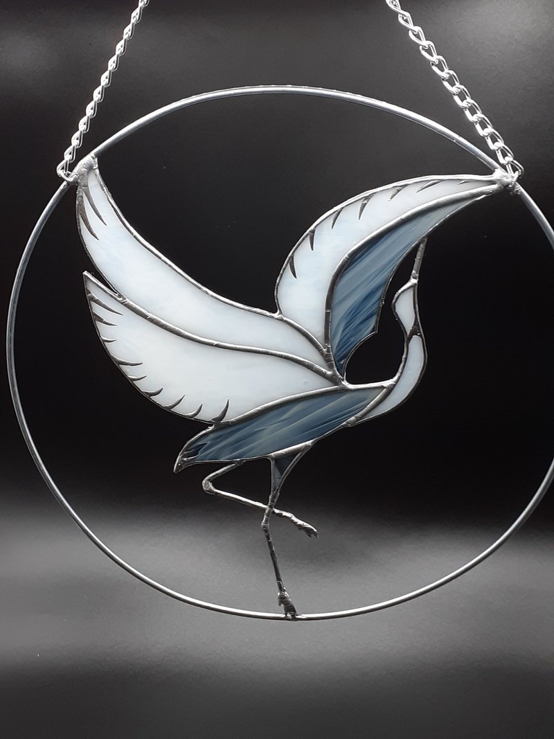 Egret Stained Glass Dreamcatcher, Crane Bird Ornament Heron Suncatcher - ตกแต่งผนัง - แก้ว ขาว