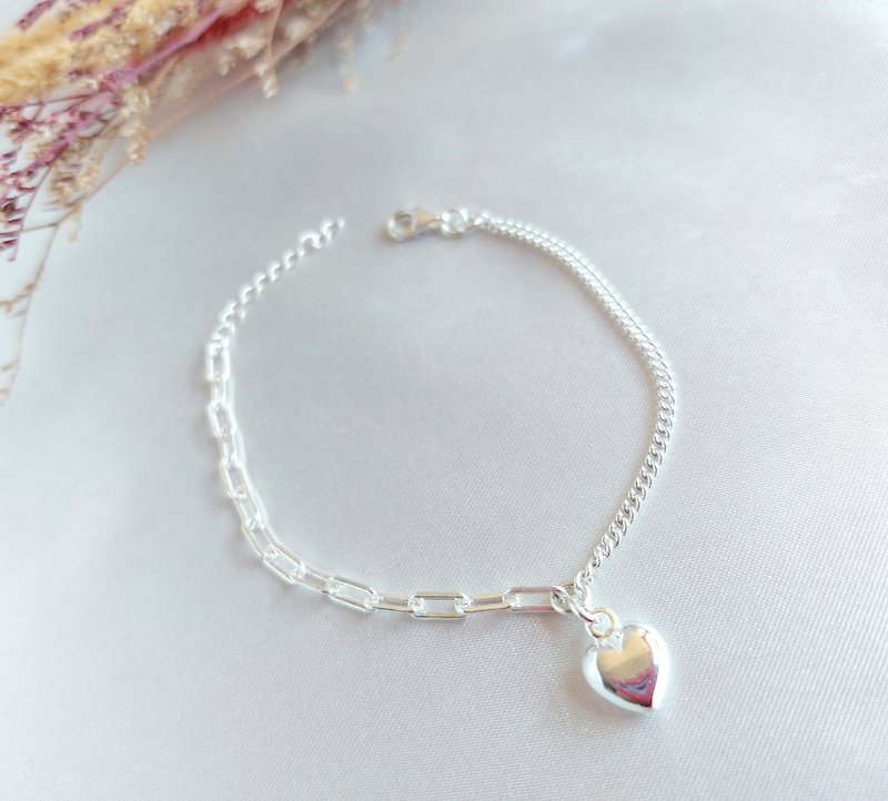 s925 sterling silver heart-to-heart asymmetric design bracelet | handmade custom bracelet necklace earrings - Bracelets - Sterling Silver 