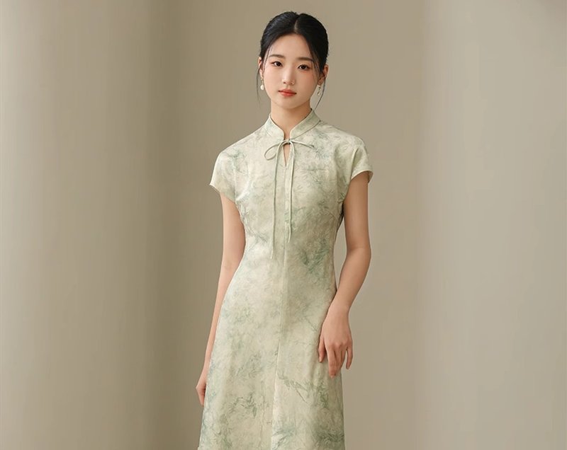 清歡 新中式復古中國風 氣質修身洋裝 - 洋裝/連身裙 - 絲．絹 綠色