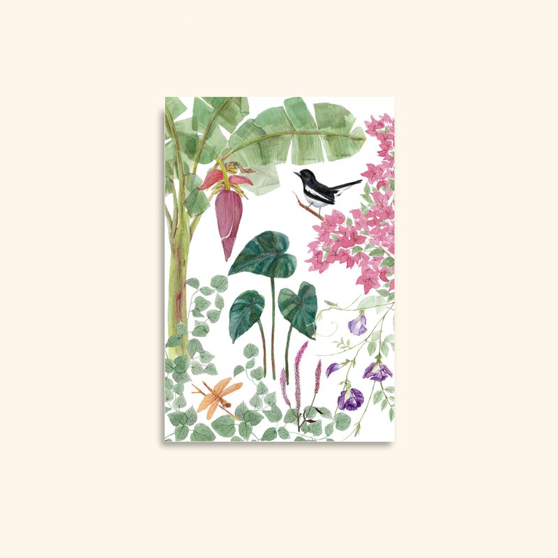 Watercolor Greeting Card: Backyard Garden, Bird & Banana Tree - 卡片/明信片 - 紙 