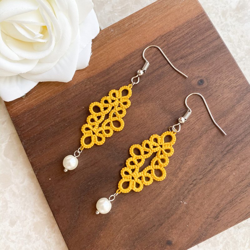 Hand Woven Diamond Mud Earrings - ต่างหู - งานปัก สีเหลือง