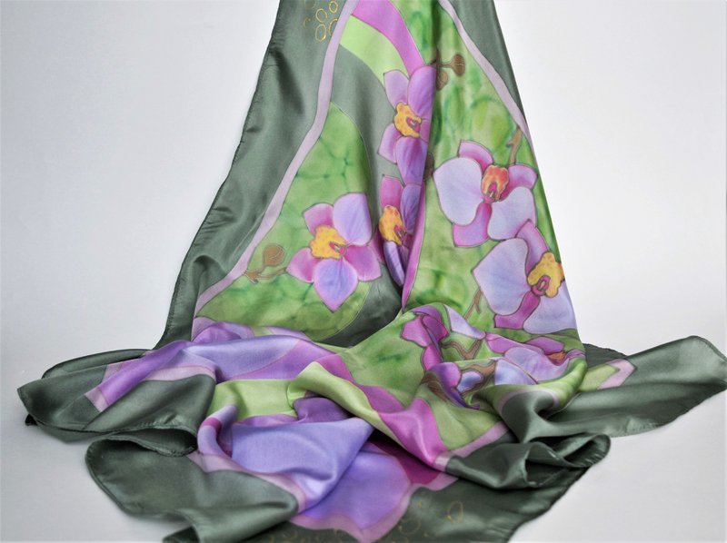 Floral silk head scarf Hand painted silk scarf Orchid scarf Square hair scarves - 絲巾 - 絲．絹 多色