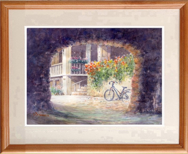 Original watercolor painting In the city of Anghiari - โปสเตอร์ - กระดาษ สีม่วง