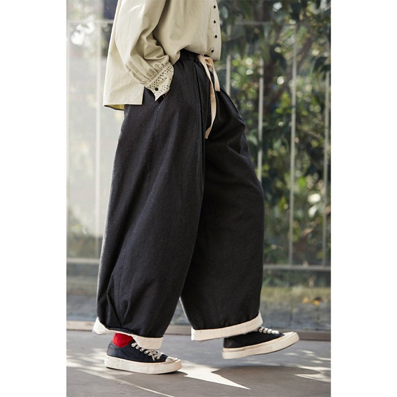 Matte black simple warm elastic waist carrot pants - Women's Pants - Cotton & Hemp 